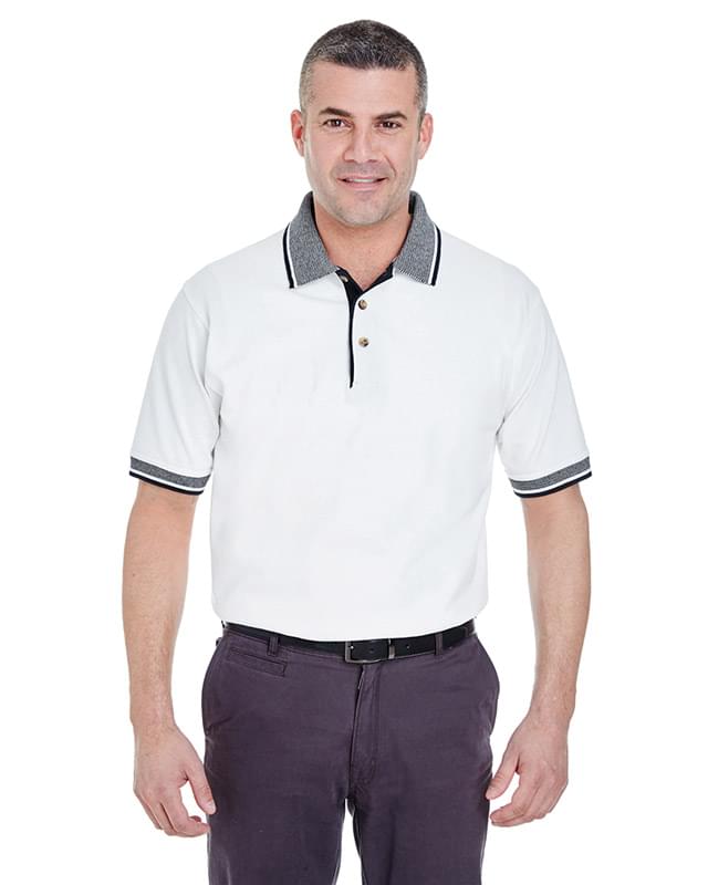 Adult White-Body Classic Piqu? Polo with Contrast Multi-Stripe Trim