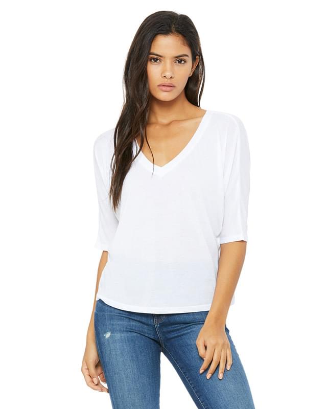 Ladies' Flowy Boxy Half-Sleeve V-Neck T-Shirt