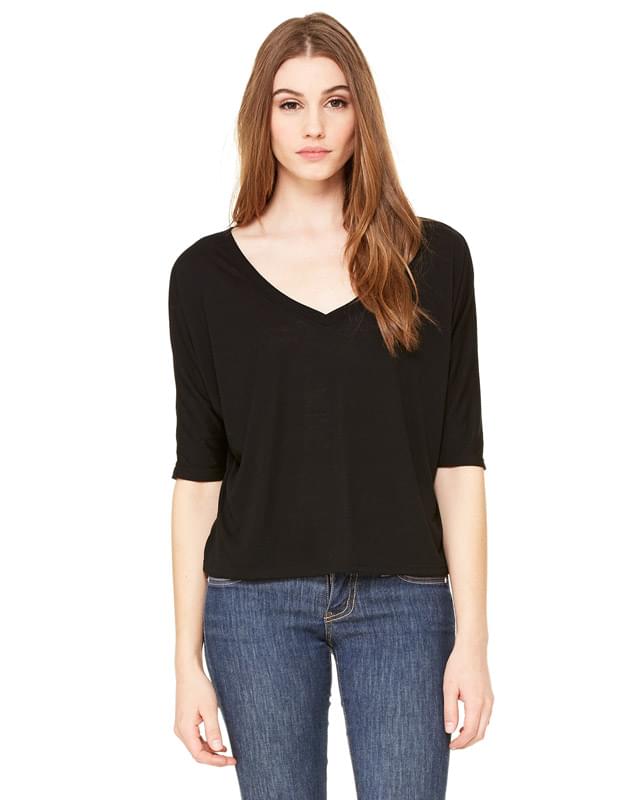 Ladies' Flowy Boxy Half-Sleeve V-Neck T-Shirt