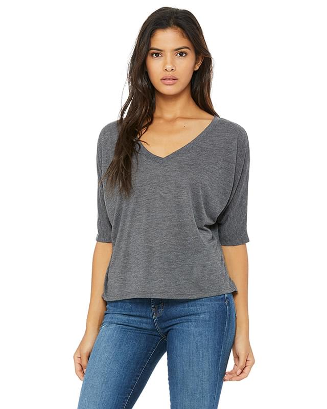 Ladies' Flowy Boxy Half-Sleeve V-Neck T-Shirt