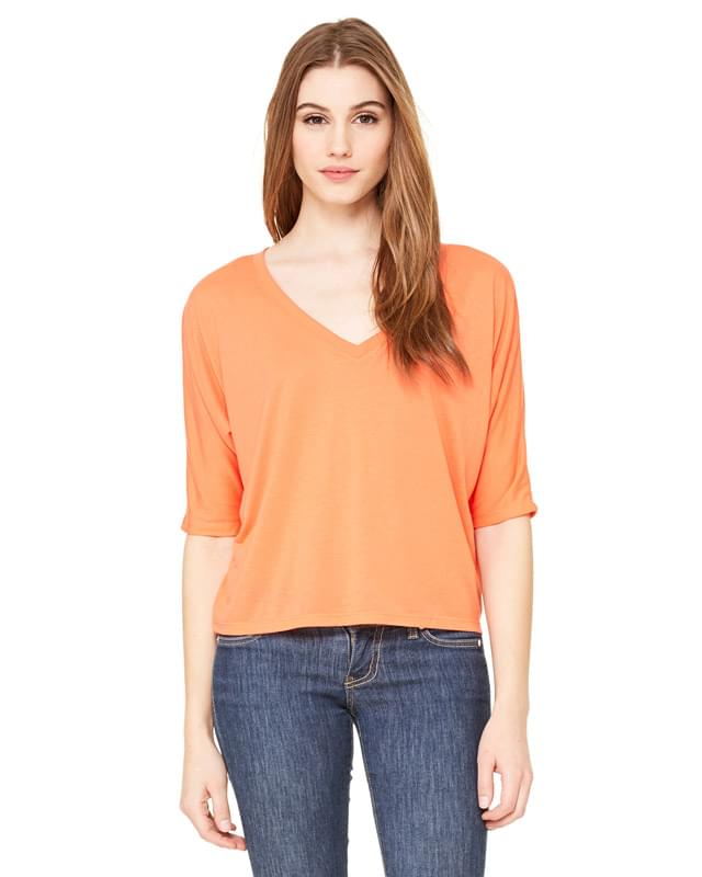 Ladies' Flowy Boxy Half-Sleeve V-Neck T-Shirt