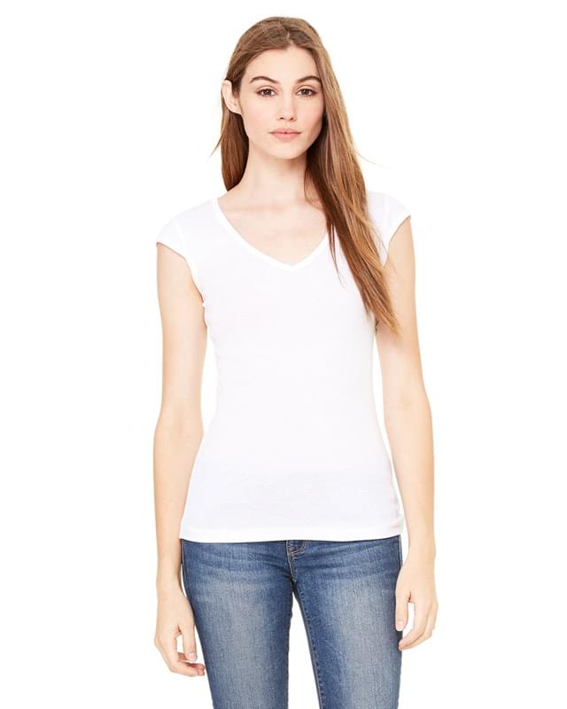 Ladies' Sheer Mini Rib Cap-Sleeve Deep V-Neck T-Shirt