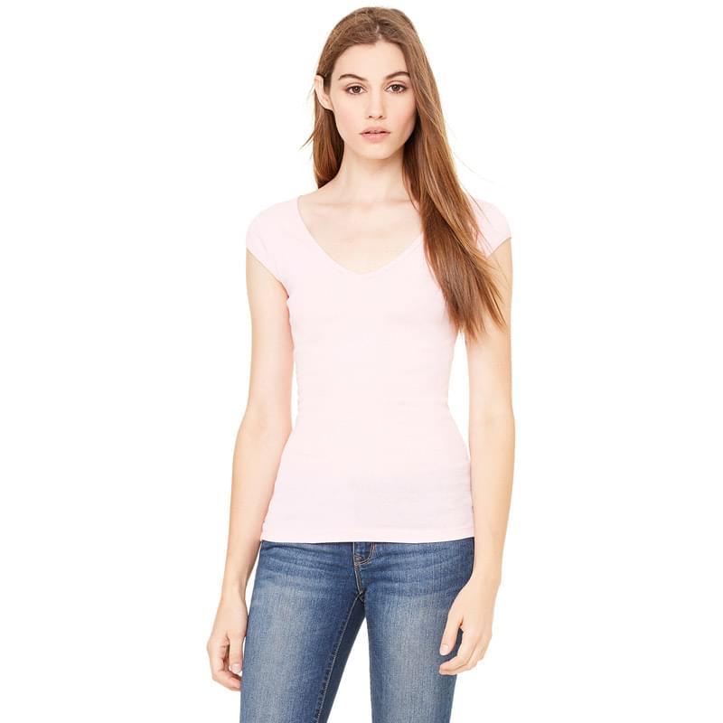 Ladies' Sheer Mini Rib Cap-Sleeve Deep V-Neck T-Shirt
