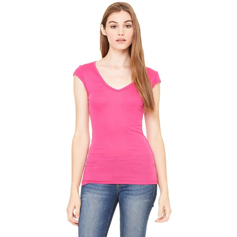 Ladies' Sheer Mini Rib Cap-Sleeve Deep V-Neck T-Shirt