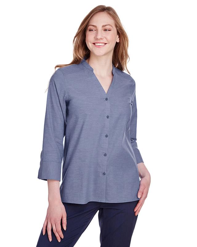 Ladies' Crown Collection Stretch Pinpoint Chambray Three-Quarter Sleeve Blouse